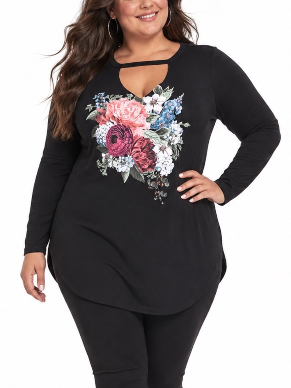 Torrid 3 3X Black Floral Choker V Neck Long Sleeve Lightweight Sweatshirt 22 24